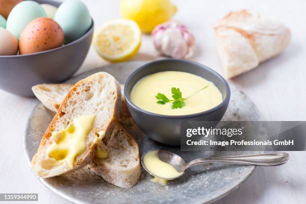 aioli and bread with ingredients - aioli bildbanksfoton och bilder