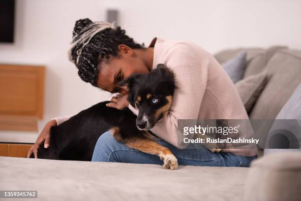 woman petting dog at home. - black hairy women bildbanksfoton och bilder