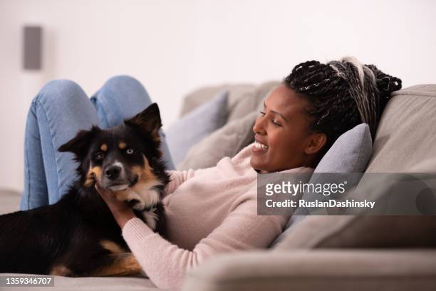 woman petting dog at home. - black hairy women bildbanksfoton och bilder