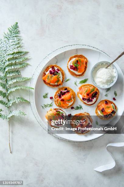 blinis wirh horseradish sour cream, smoked salmon, beetroot and dill - räucherlachs stock-fotos und bilder