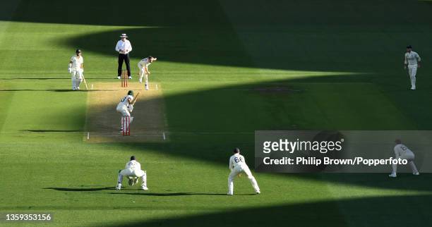 Chris Woakes of England bowls to Marnus Labuschagne of Australia during day one of the Second Test match in the Ashes series between Australia and...