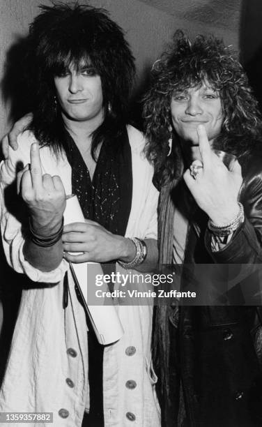 American musician and songwriter Nikki Sixx and American singer, songwriter and guitarist Jon Bon Jovi attend the Rockers '85 awards ceremony, held...