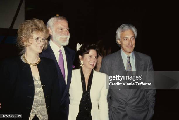 American actress Barbara Bosson and her husband, American television writer and producer Steven Bochco wearing a grey blazer over a light blue shirt...