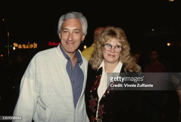 American television writer and producer Steven Bochco and his wife, American actress Barbara Bosson attend the Hollywood premiere of 'Demolition...