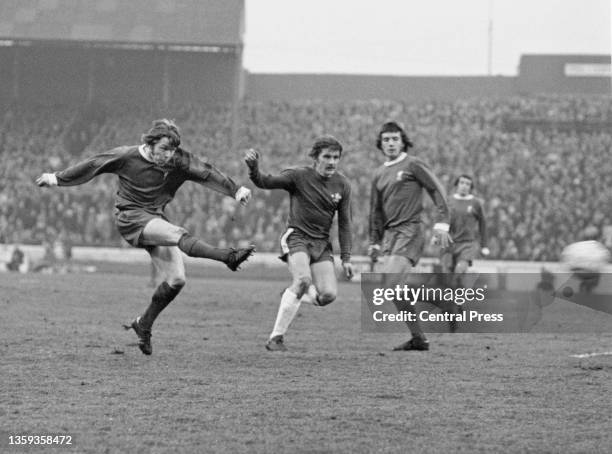 Brian Hall , Midfielder for Liverpool Football Club takes a shot on goal during the English League Division One match against Chelsea Football Club...