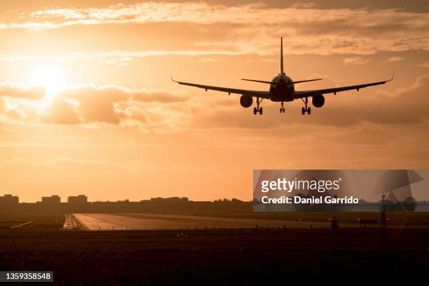 airplane landing at sunset, sunsets background, travel background - veículo aéreo imagens e fotografias de stock