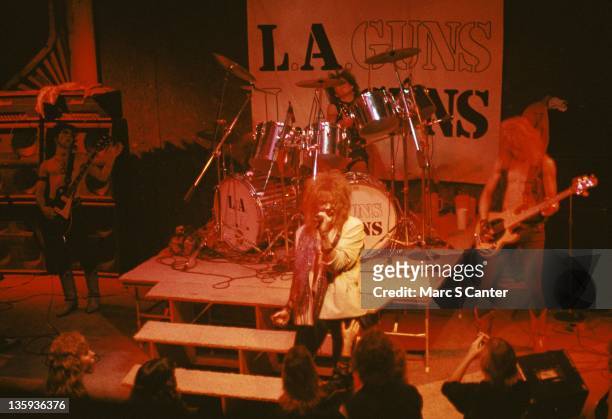 Axl Rose performs for the first and one of very few times onstage with Tracii Guns, Rob Gardner and Oli Beich of the rock group 'LA Guns' at the...