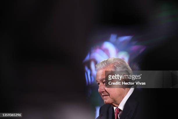 President of Mexico Andres Manuel Lopez Obrador speaks as part of the daily briefing at Palacio Nacional on December 16, 2021 in Mexico City, Mexico.
