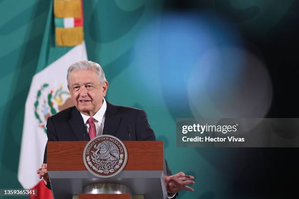 President of Mexico Andres Manuel Lopez Obrador speaks as part of the daily briefing at Palacio Nacional on December 16, 2021 in Mexico City, Mexico.