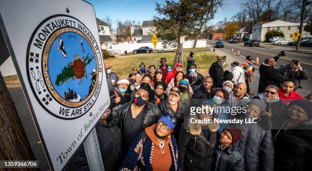 North Amityville, N.Y.: Montaukett Indian Nation descendants, including Sandi Brewster-Walker, government affairs officer of the Nation, in front ,...