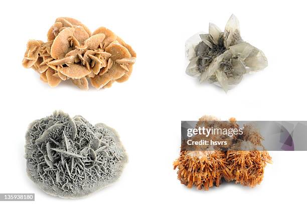 arten von gips - different gypsum crystal on white background - gypsum stock pictures, royalty-free photos & images