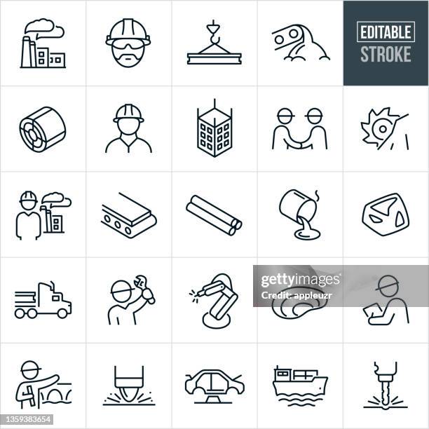 ilustraciones, imágenes clip art, dibujos animados e iconos de stock de iconos de línea delgada de la industria del acero - trazo editable - mineral de hierro