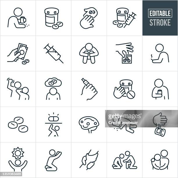 stockillustraties, clipart, cartoons en iconen met drug abuse and recovery thin line icons - editable stroke - verslaving
