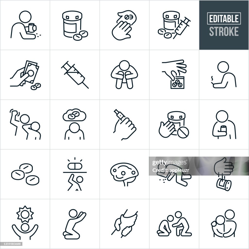 Drug Abuse and Recovery Thin Line Icons - Editable Stroke