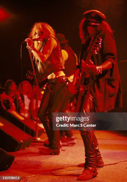 Axl Rose and Slash of the rock band "Guns n' Roses" perform onstage at the Roxy Theatre for the first time on August 31, 1985 in Los Angeles,...