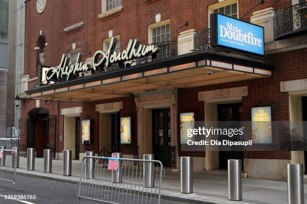 An exterior view of the "Mrs. Doubtfire" marquee at the Stephen Sondheim Theatre on December 16, 2021 in New York City. Several shows, including...