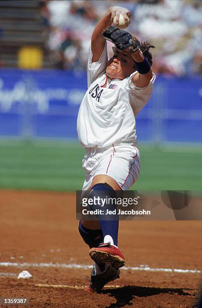 Lisa Fernandez of the USA pitches for an impressive 13 innings. She struck out 25 and gave up just two hits during the women's softball game against...