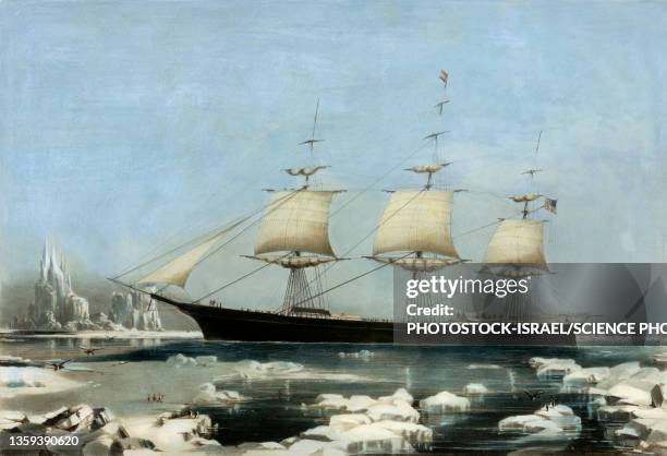 clipper ship red jacket off cape horn, illustration - iceberg ice formation stock illustrations