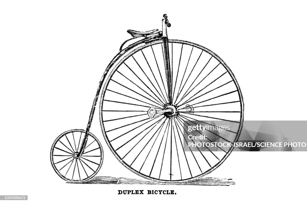 Duplex bicycle penny-farthing, 19th century illustration