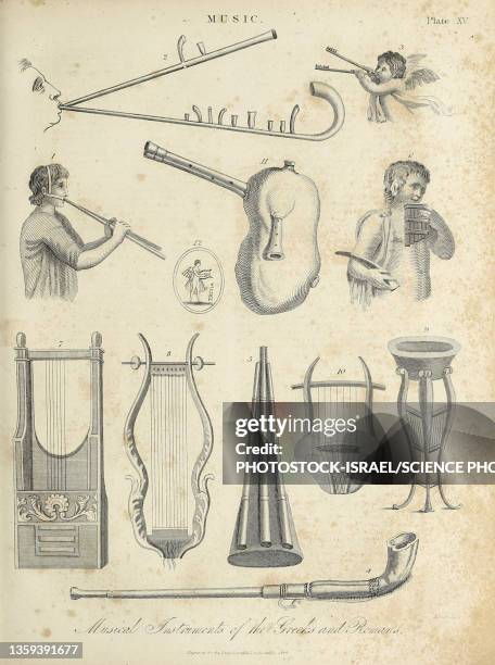 ilustrações, clipart, desenhos animados e ícones de greek and roman music instruments, 19th century illustration - livro antigo