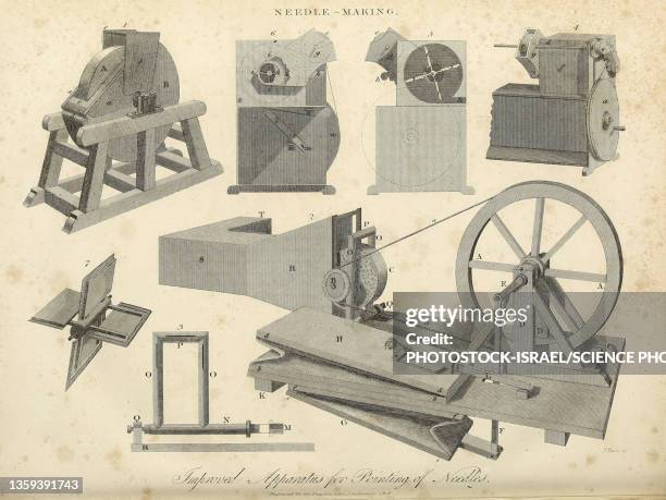 needle making machines, 19th century illustration - enciclopedia stock-grafiken, -clipart, -cartoons und -symbole