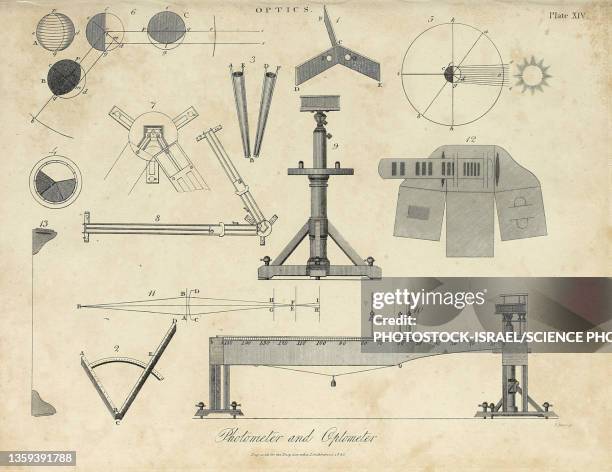 photometer and optometer, 19th century illustration - enzyklopädie stock-grafiken, -clipart, -cartoons und -symbole