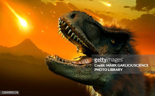 tyrannosaurus observing an asteroid impac - asteroid impact stock-grafiken, -clipart, -cartoons und -symbole