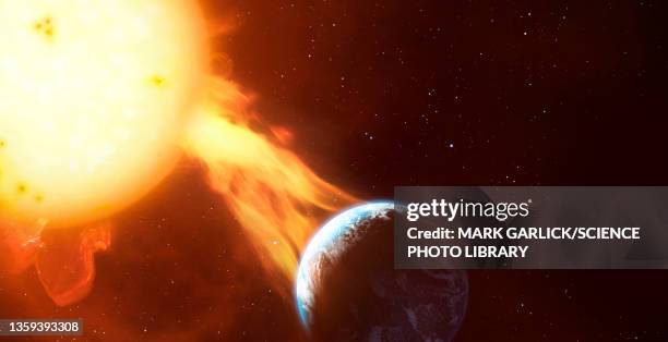 earth and coronal mass injection, illustration - coronal mass ejection stock illustrations