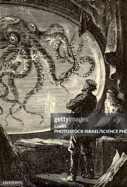 illustration from twenty thousand leagues under the seas - fantasy submarine stock illustrations
