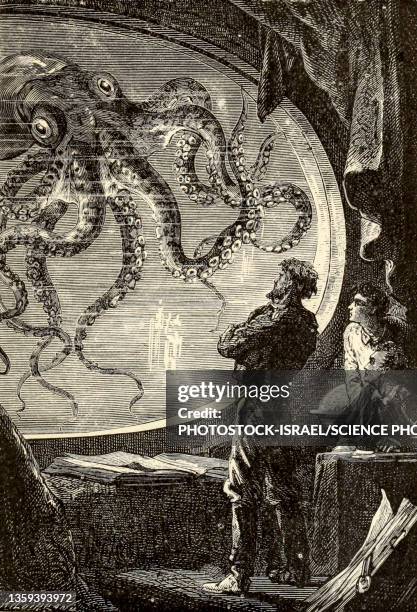 illustration from twenty thousand leagues under the seas - octopus illustration stock illustrations