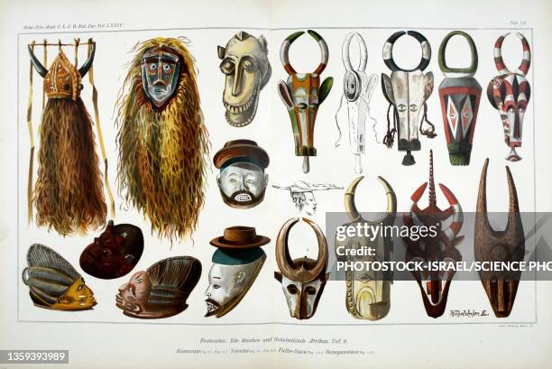 african masks, 19th century illustration - mystery book stock illustrations