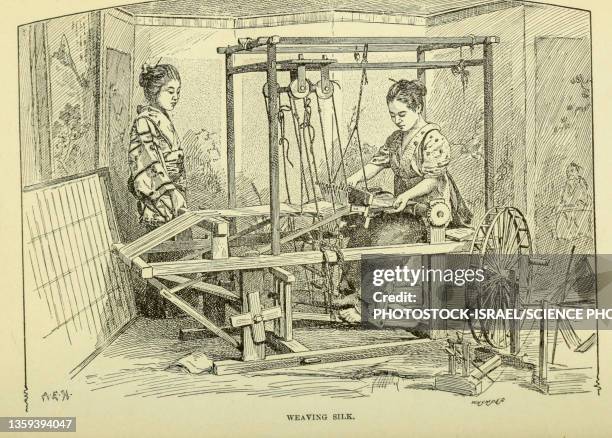 women weaving silk, 19th century illustration - tristan stock illustrations