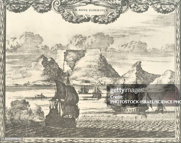 ilustraciones, imágenes clip art, dibujos animados e iconos de stock de view of cape town, south africa, 17th century illustration - península