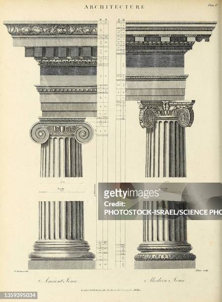 ionic orders, 19th century illustration - ancient book stock illustrations