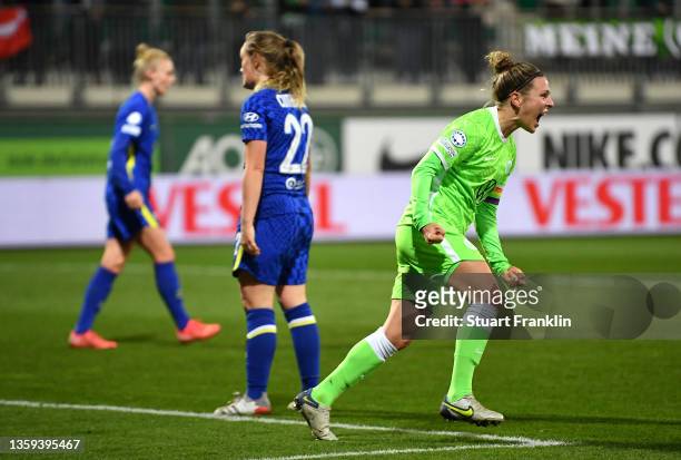 Svenja Huth of VfL Wolfsburg celebrates after scoring her teams first goal during the UEFA Women's Champions League group A match between VfL...
