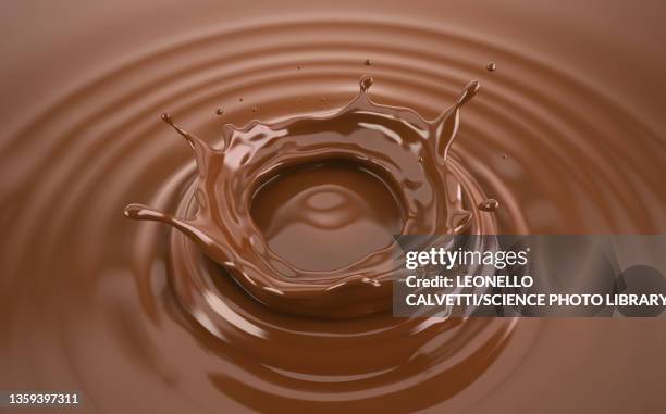 liquid chocolate crown splash with ripples, illustration - chocolate smoothie white background stock illustrations