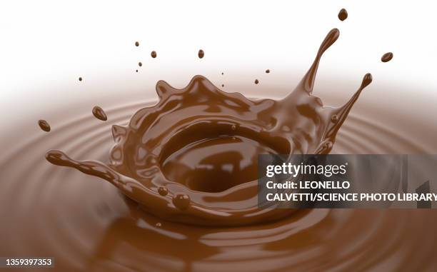 liquid chocolate crown splash with ripples, illustration - chocolate smoothie white background stock illustrations