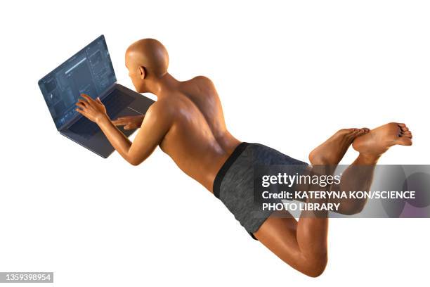 bad posture whilst using laptop, illustration - bed on white stock illustrations