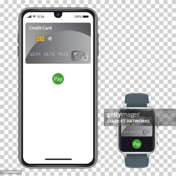 contactless payments with smartphone und smartwatch - kunst, kultur und unterhaltung stock illustrations