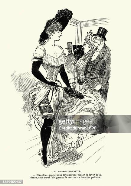 vintage french cartoon, beautiful woman with a split up the side of her skirt, 19th century - slit clothing stock illustrations