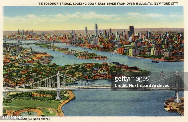 Vintage colorized historic souvenir photo postcard published circa 1935 depicting the vibrant midtown and downtown skyscrapers of New York City, here...