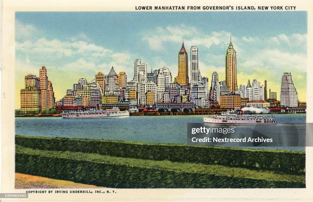 Vintage souvenir postcard, Lower Manhattan Skyline, NYC, New York, ca 1935