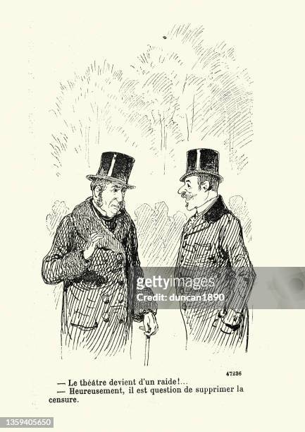 vintage cartoon, double entendre joke, two men talking about the theatre, 1890s, 19th century - entendre stock illustrations