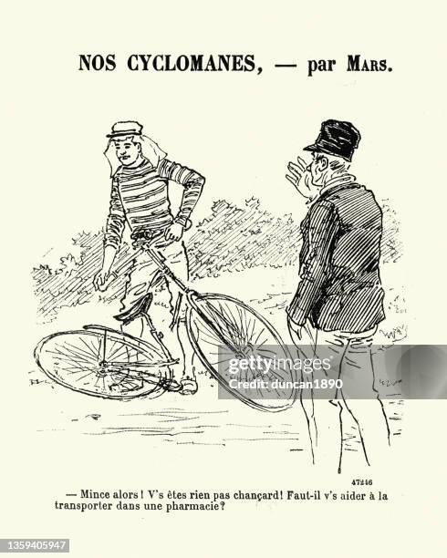 mann mit kaputtem fahrrad nach sturz, viktorianische französische karikatur, 1890er jahre - falling off bike stock-grafiken, -clipart, -cartoons und -symbole