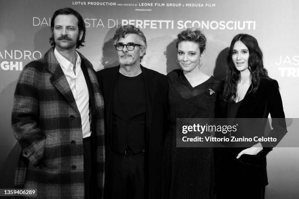 Alessandro Borghi, director Paolo Genovese, Jasmine Trinca and Linda Caridi attend the photocall of the movie "Supereroi" at Cinema Odeon on December...