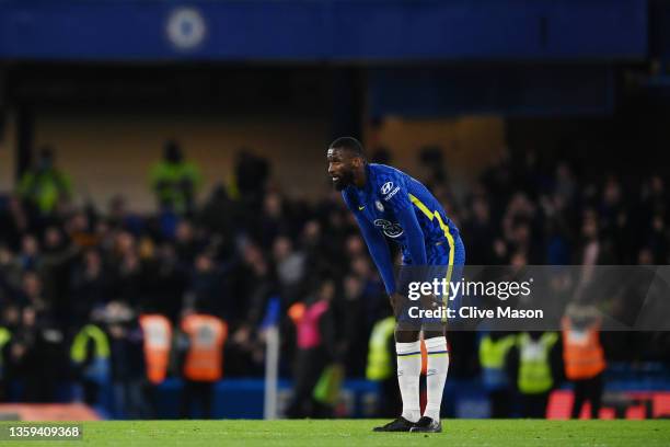 Antonio Ruediger of Chelsea reacts after the Premier League match between Chelsea and Everton at Stamford Bridge on December 16, 2021 in London,...