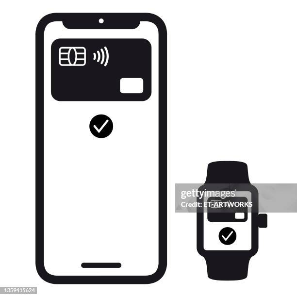 contactless payments with smartphone und smartwatch - kunst, kultur und unterhaltung stock illustrations