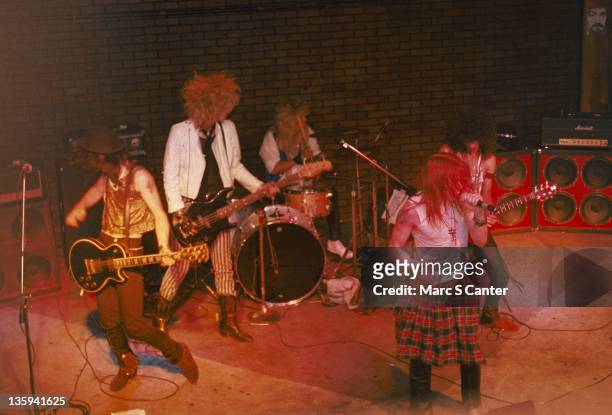 Izzy Stradlin, Duff McKagan, Steven Adler, Axl Rose and Slash of the rock band 'Guns n' Roses' perform onstage at the Troubadour with the "Appettite...