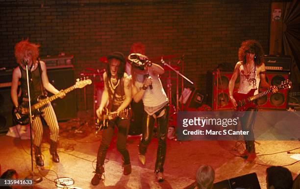 Duff McKagan, Izzy Stradlin, Axl Rose, Steven Adler and Slash of the rock band 'Guns n' Roses' perform onstage at the Troubadour with the "Appettite...