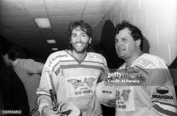 Actor Vincent Spano and Olympian Mike Eruzione appear at the Pro-Celebrity Hockey Challenge charity game between former pro Hockey players and...